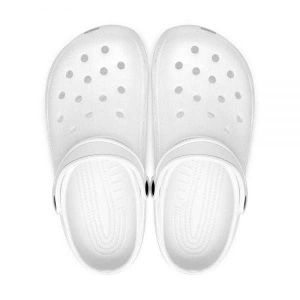 Top view of a pair of white clog shoe