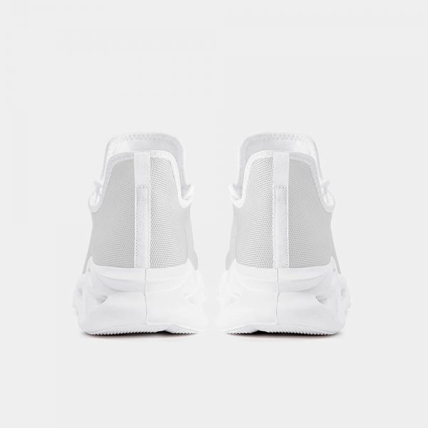 Back view of a pair of grey and white sole blade sneakers