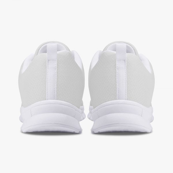 Back view of a pair of grey mesh sneakers with white soles
