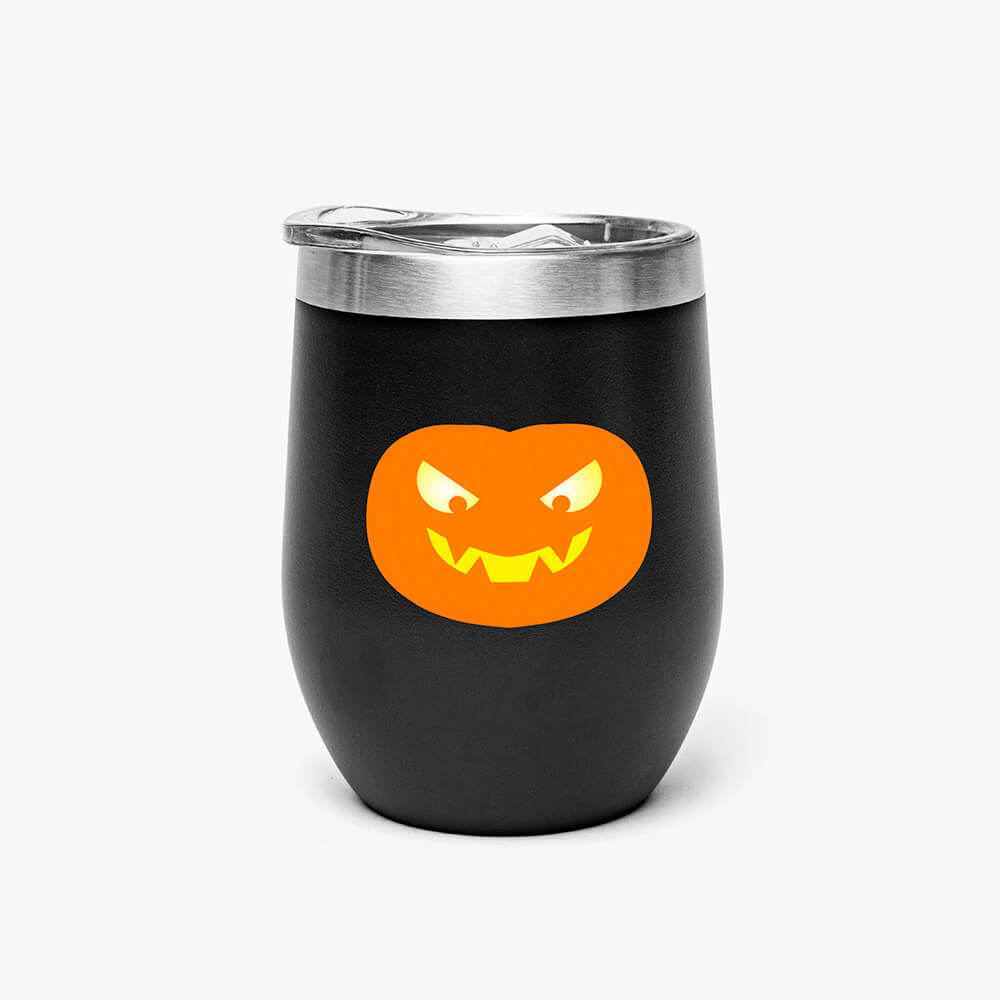 halloween-12oz-Egg-Shaped-Insulated-Wine-Tumbler-2 An egg-shaped black thermos mug with a halloween pumpkin printed on it