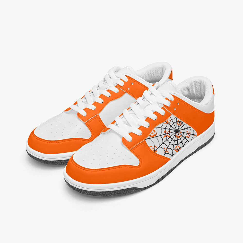 Dunk-Stylish-Low-Top-Leather-Sneakers-6 A pair of orange low-top sneakers with a Halloween spider web