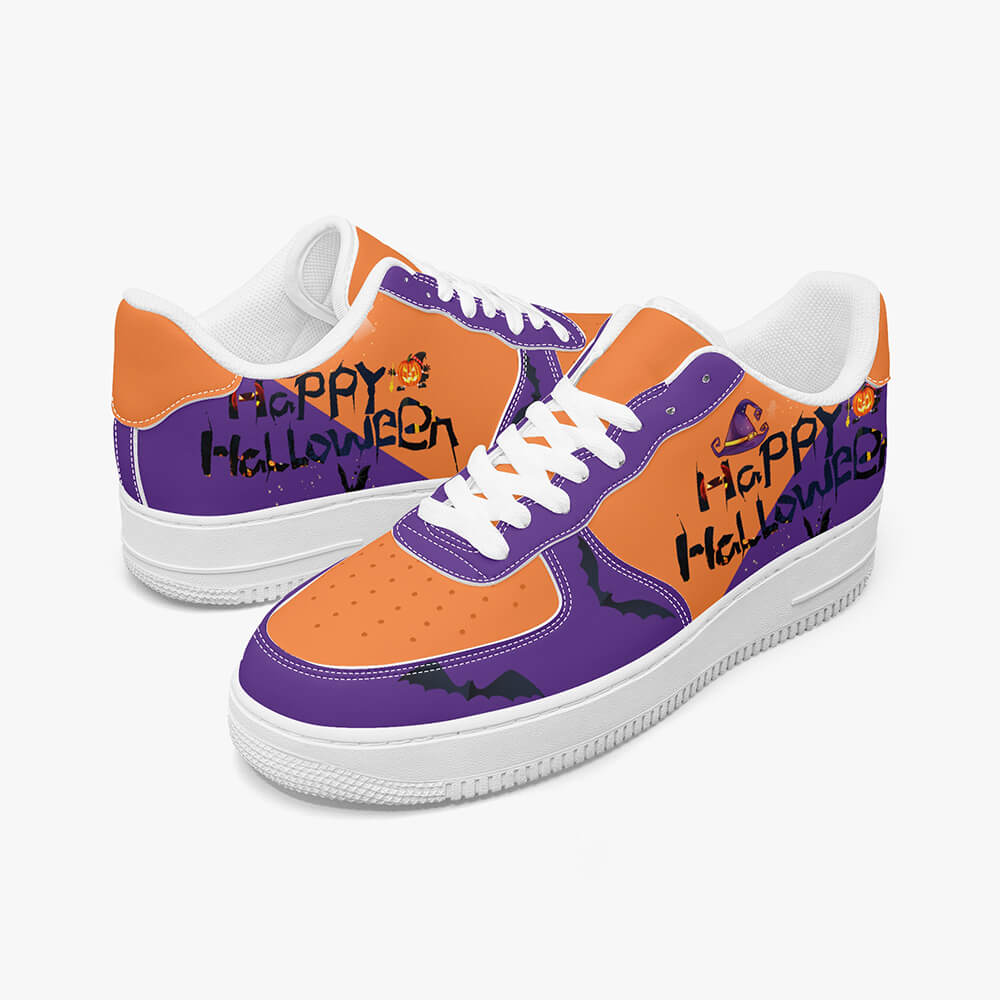 Halloween-Low-Top-Leather-Sneakers-4 A pair of orange and purple low-top Halloween shoes