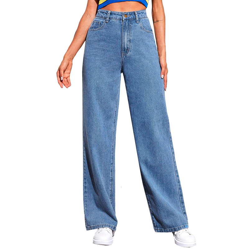 Wide leg jeans A female model wearing a pair of wide-leg pants