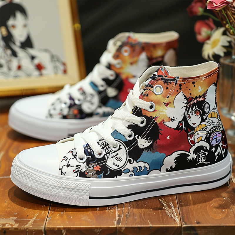 Animation style shoes-1 A pair of high-top canvas shoes with cartoon character designs