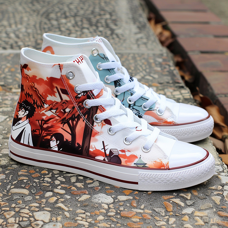 Animation style shoes A pair of high-top canvas shoes with cartoon character designs