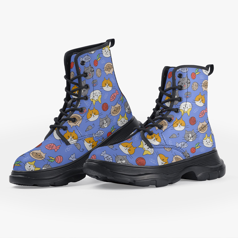 Boots covered with patterns A pair of blue boots with cartoon patterns