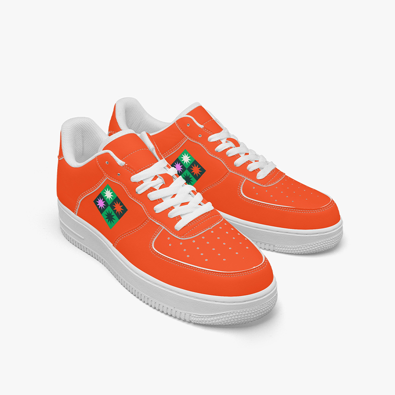 Brand style shoes A pair of orange sneakers with the brand's logo