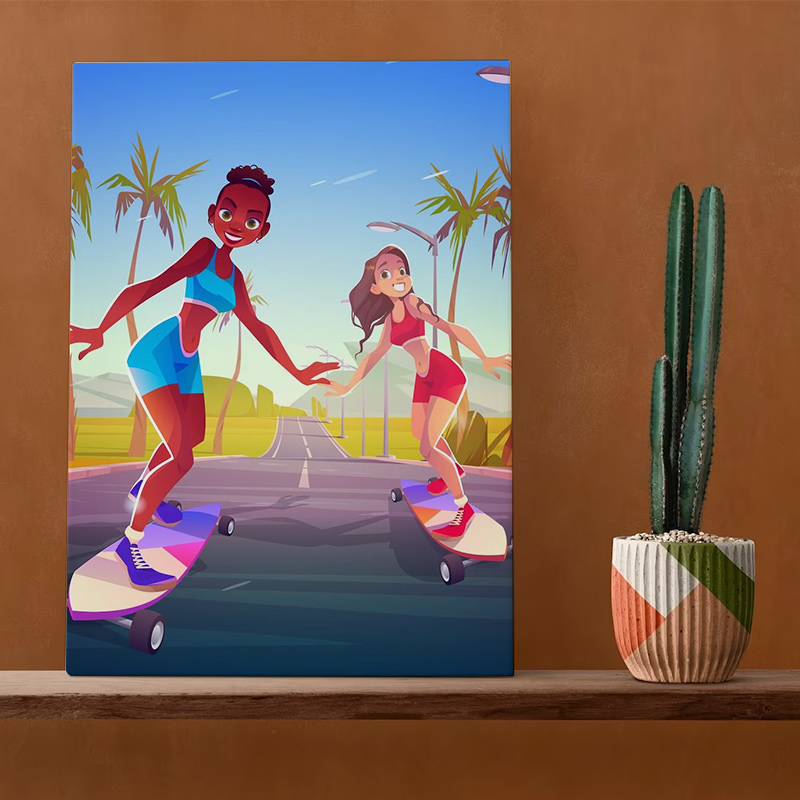 Canvas photo prints A cartoon canvas print of two people skateboarding