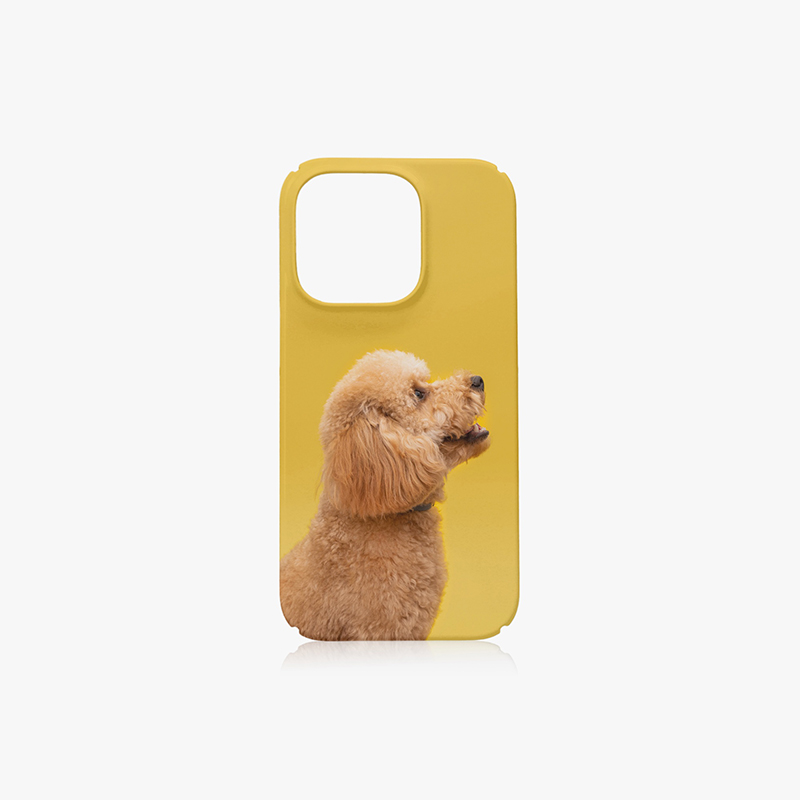 Carry your pet everywhere A yellow mobile phone case with a pet dog printed on it