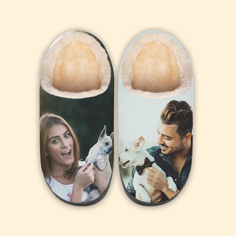 Custom photo slippers A pair of slippers with a photo of a couple printed on them