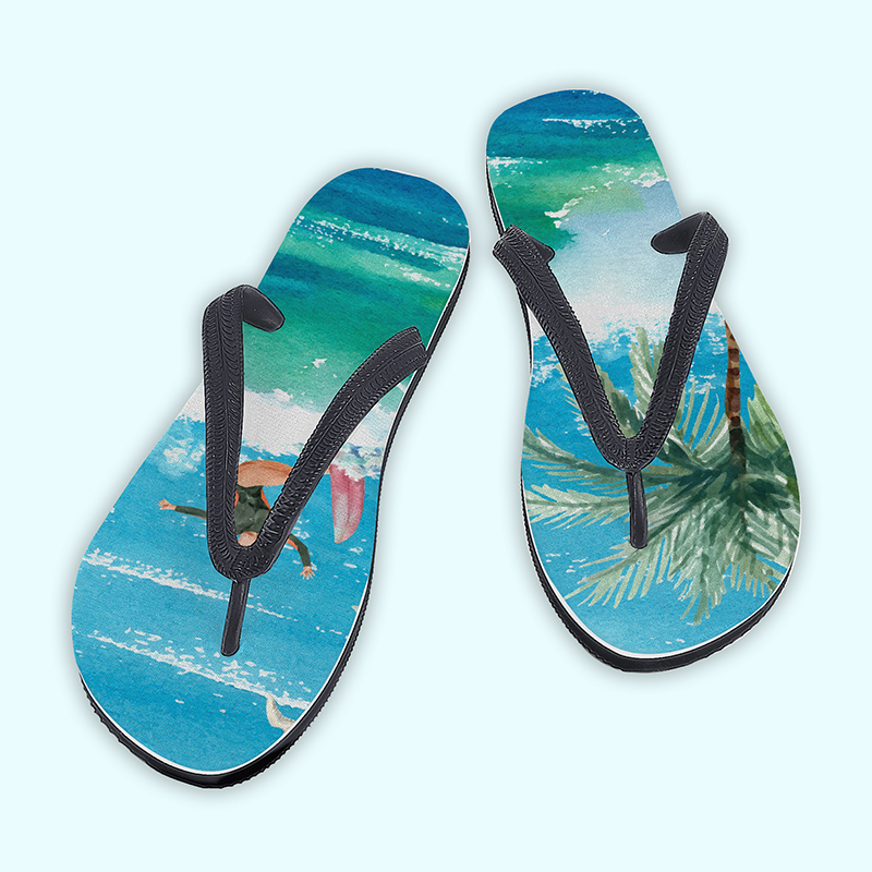 flip flops A pair of flip-flops printed with a beach scene