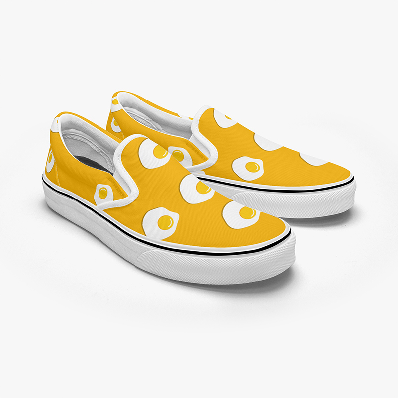 Food style shoes-1 A pair of yellow canvas shoes with a fried egg pattern