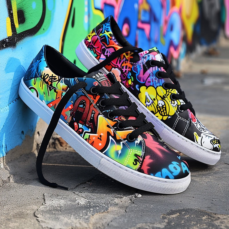 Graffiti style shoes-1 A pair of low-top sneakers with a brightly painted graffiti pattern