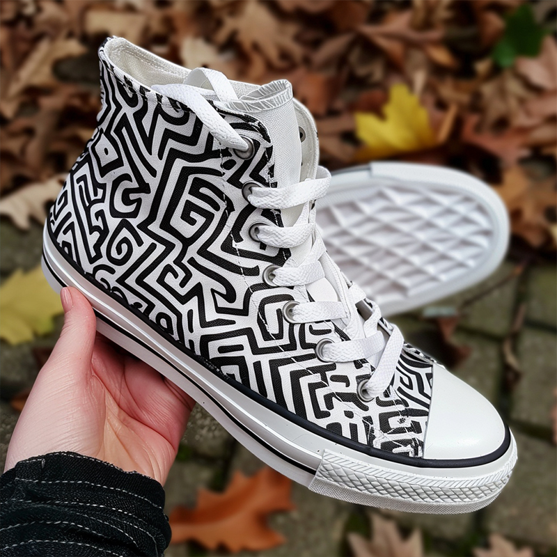 Graffiti style shoes A pair of high-top canvas shoes with black and white line graffiti patterns