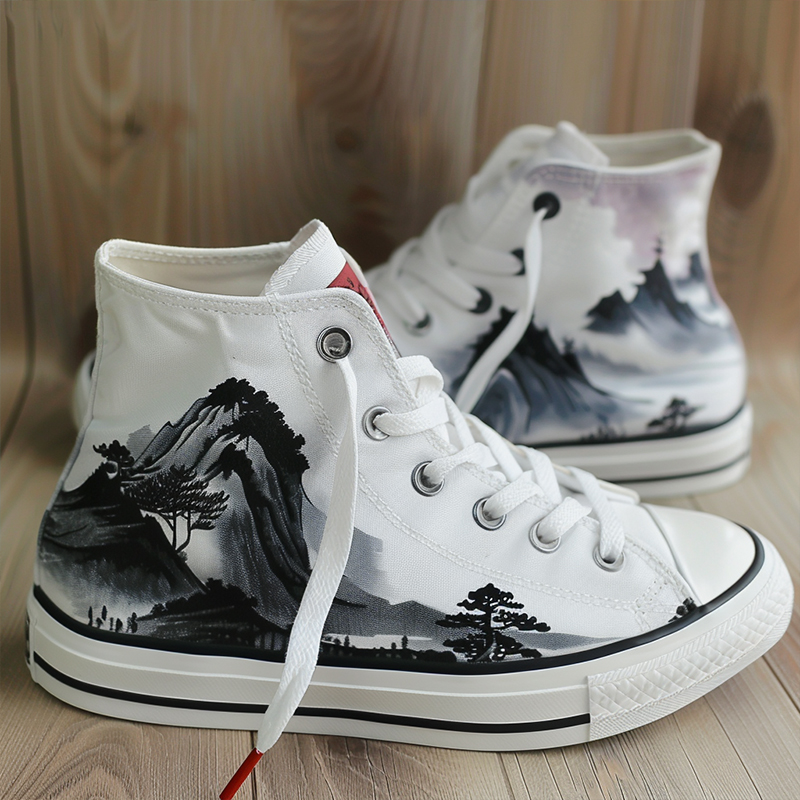 Ink painting style shoes-1 A pair of high-top canvas shoes with a landscape ink painting design