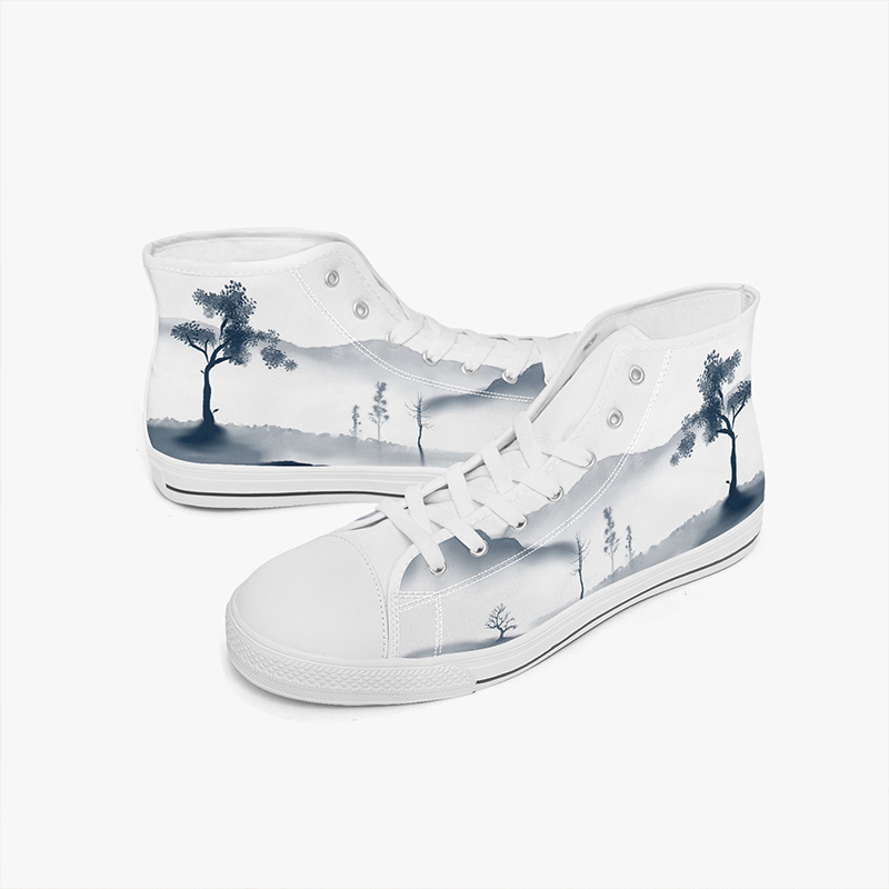 Ink painting style shoes A pair of high-top canvas shoes with a landscape ink painting design