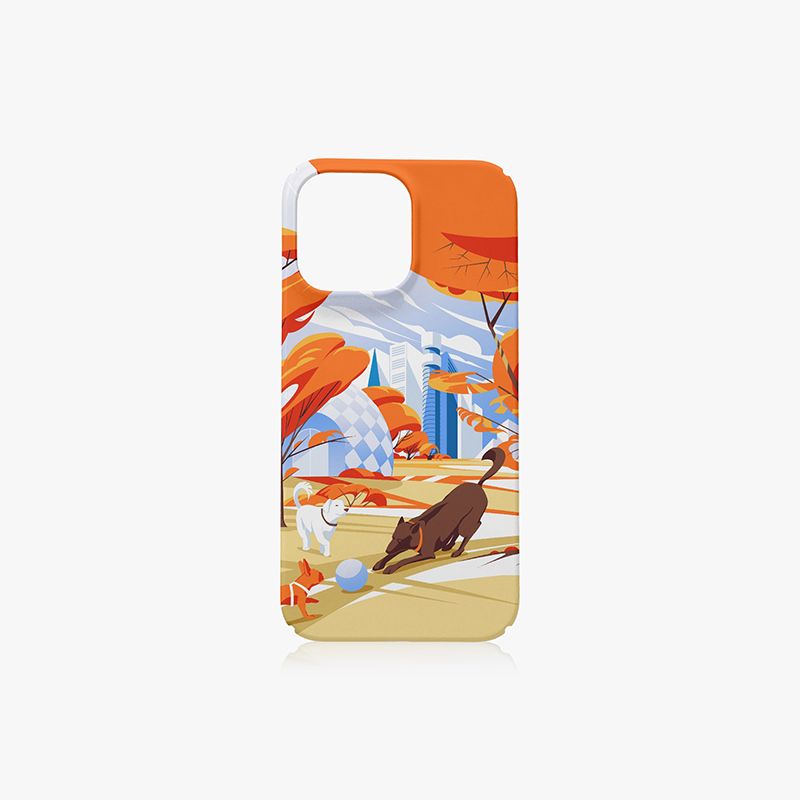 iPhone 14 Pro Max Case An orange phone case with two cartoon puppies printed on it
