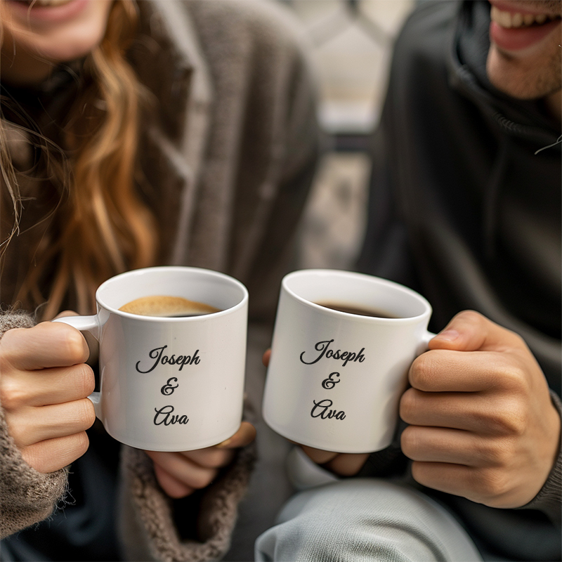 Memorable gifts A couple holding white personalized mugs