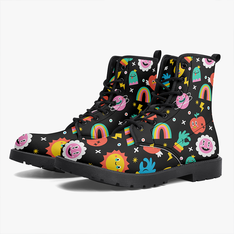 Pattern style shoes-1 A pair of black boots with a rainbow pattern