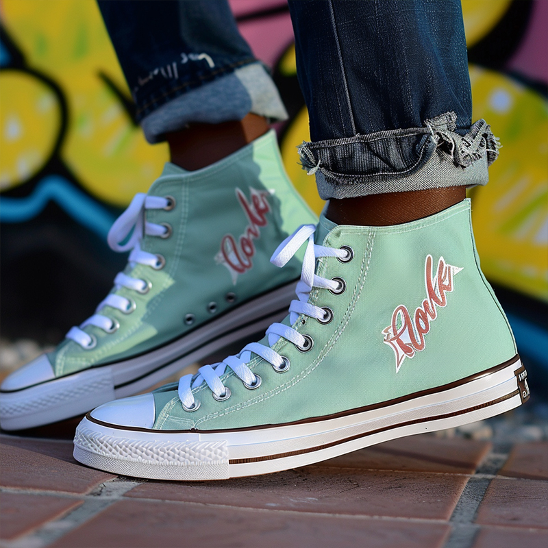 Personalized text style shoes A pair of light green high-top canvas shoes with personalized text
