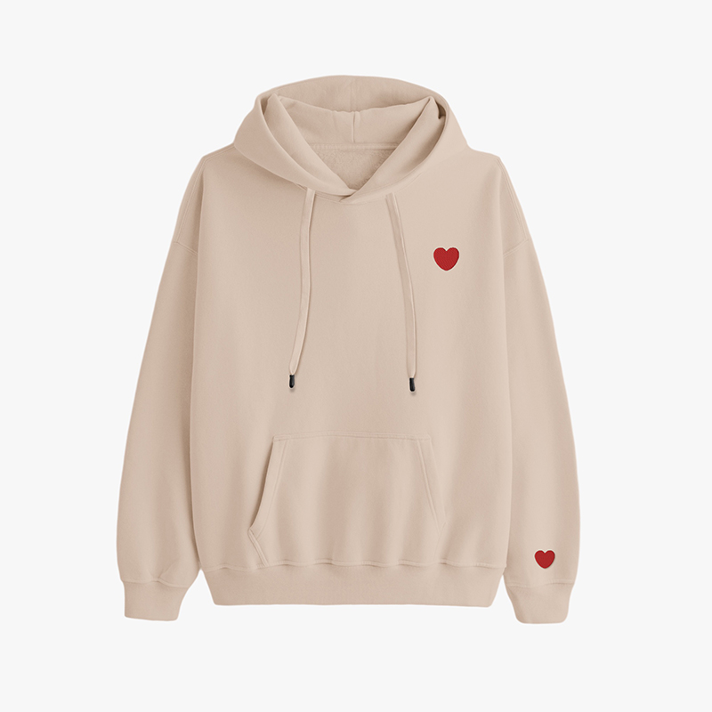 Valentine's Day Hoodie A brown hoodie with red heart embroidery