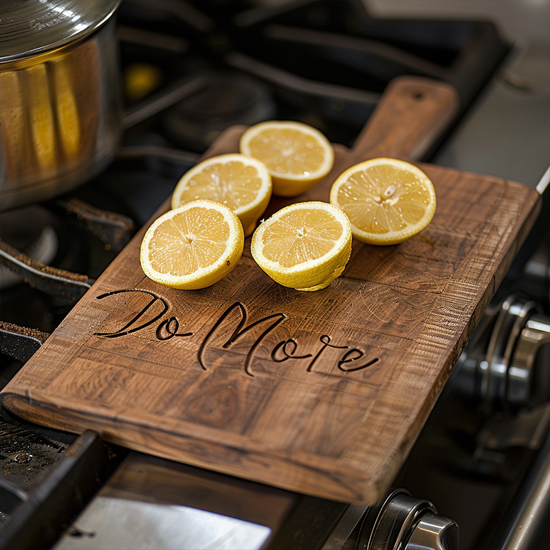 Wooden Cutting Board with Motto Lemons are placed on a wooden cutting board with an inscription