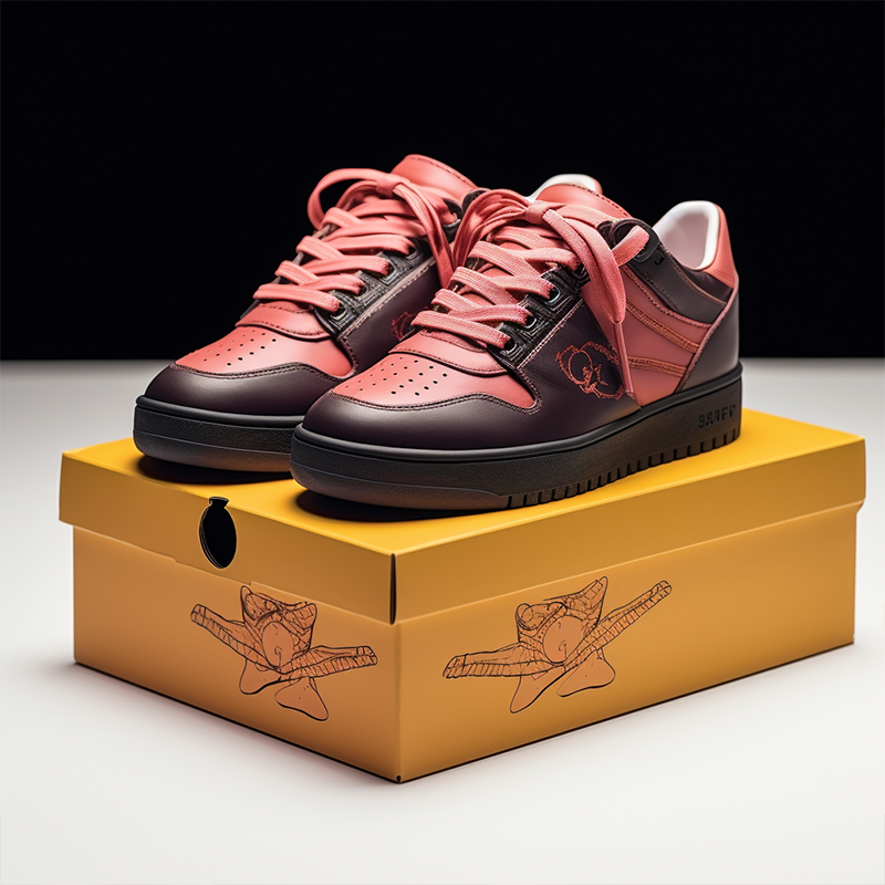Custom branded shoes A pair of red sneakers are placed on a custom shoe box