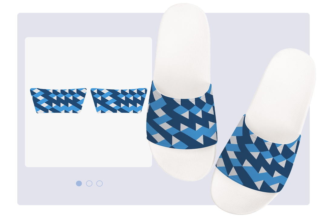 custom slides A pair of casual sandals with a blue pattern