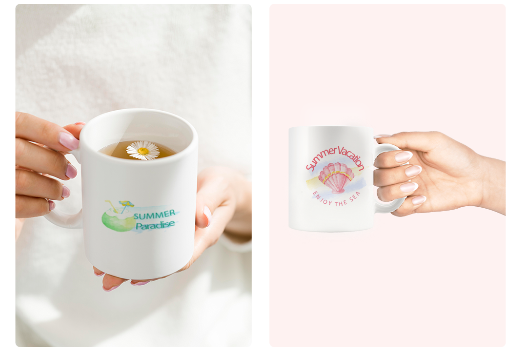 Print on demand mugs Two models holding two different style cups