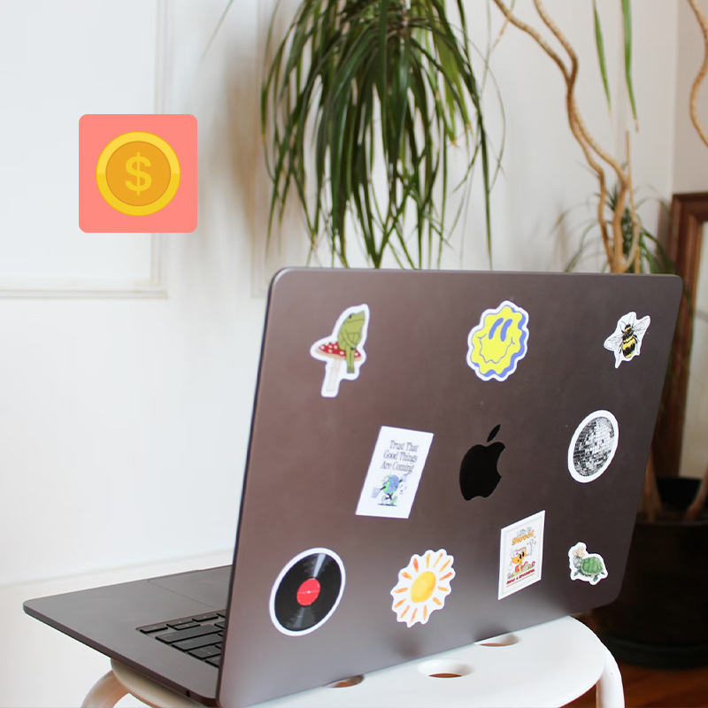 Stickers are used for various occasions A MacBook with a sticker on the back