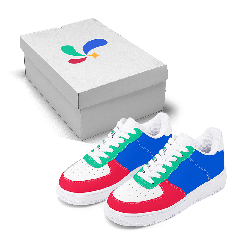 Use branded shoe boxes A pair of shoes next to a custom shoe box